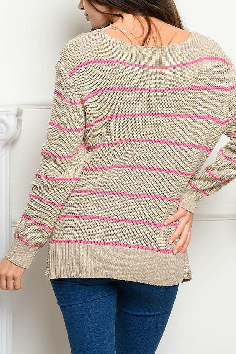 Long sleeve v neck striped sweater (EDWT4049)