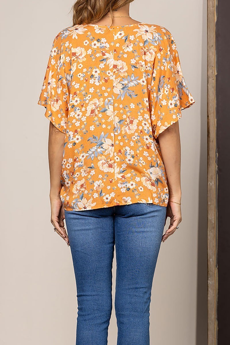 Floral v-neck key-hole dolman sleeves blouse top (EDSW4488)