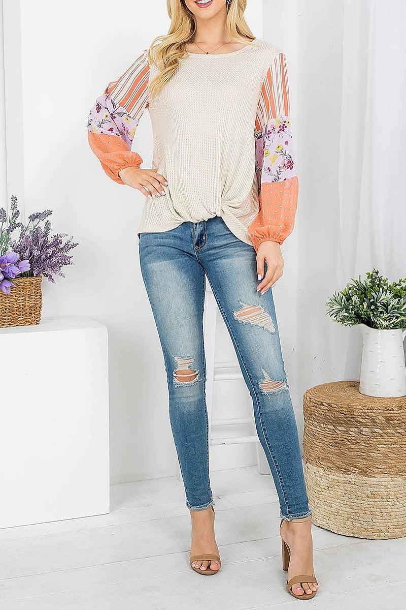 Stripte floral polka dot mix sleeve thermal top (EF4153)