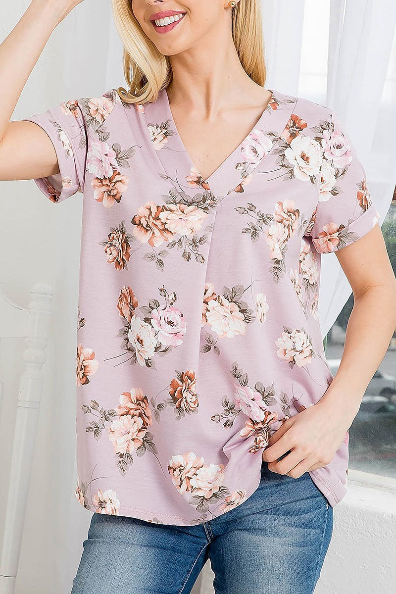 V neck short sleeve floral top (EF3440)