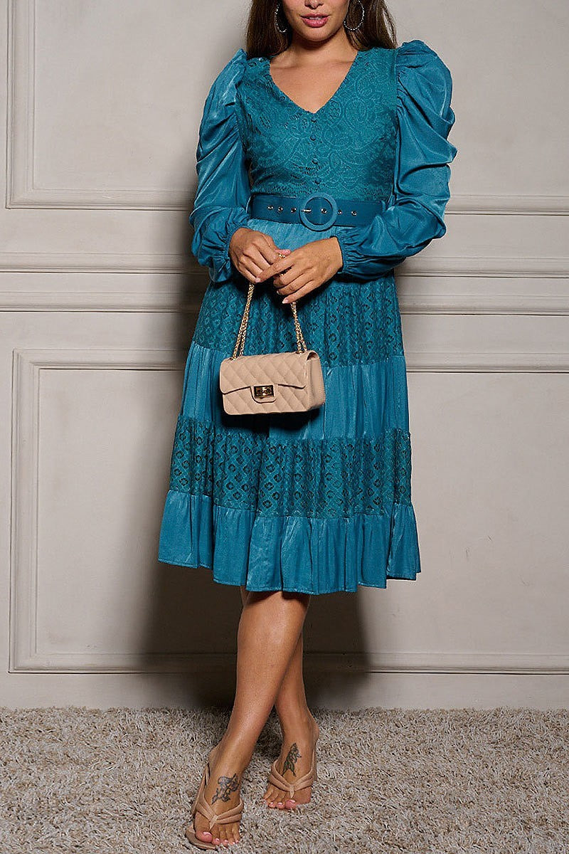 Long sleeve v-neck belted lace detailed midi dress (EGWT2344)