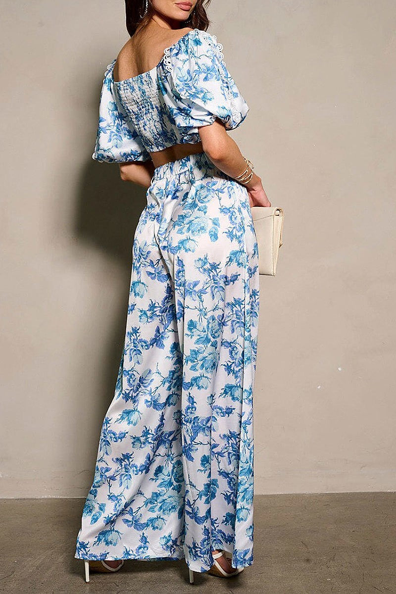 Short sleeve crop top & belted pants floral set (EFWT9512-2)