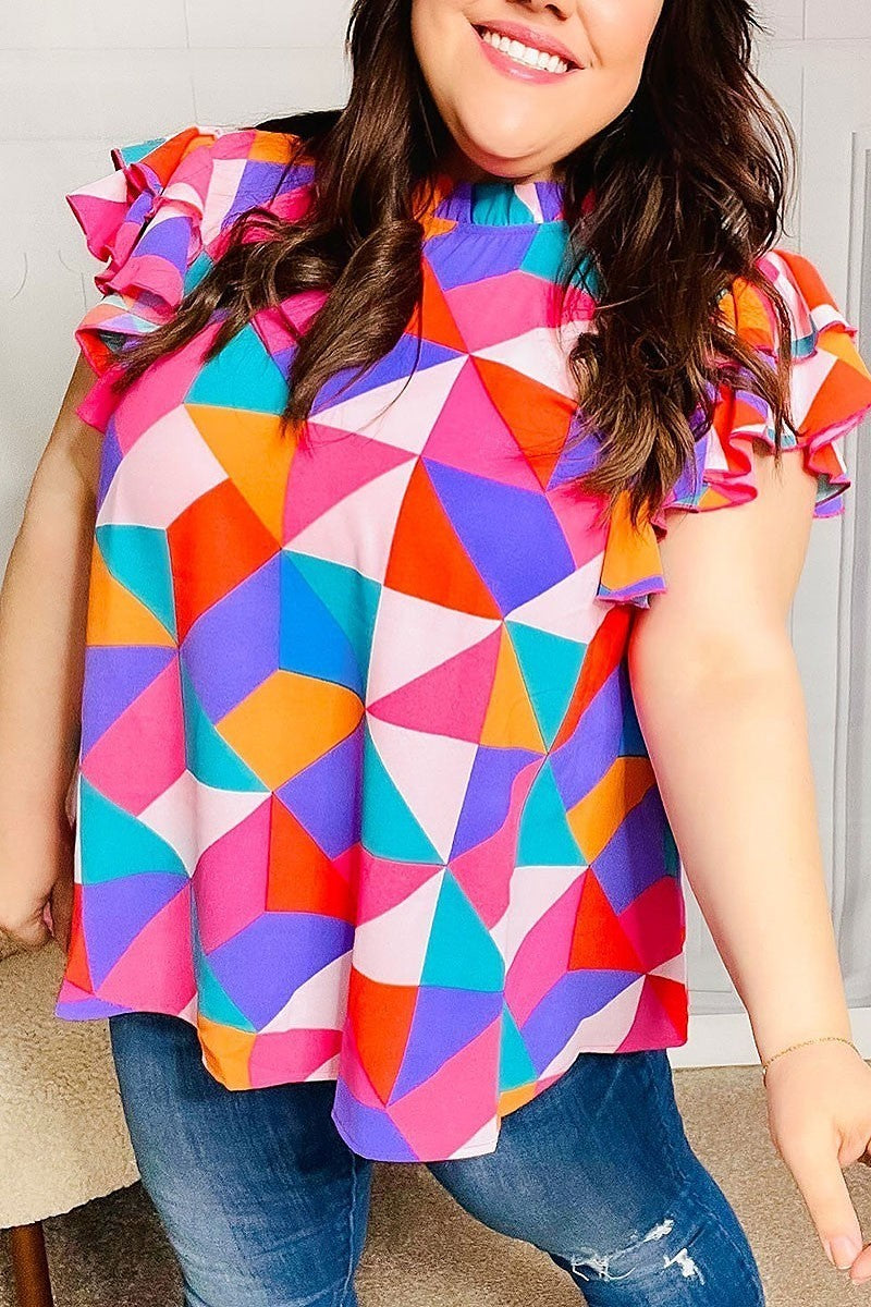 Multicolor geo print mock neck flutter sleeve top (ETBM5798)