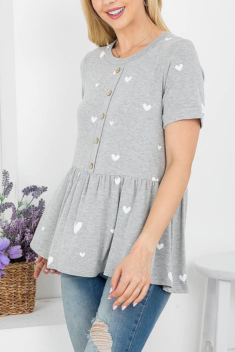 Heart print button trimmed baby doll top (EF4149)