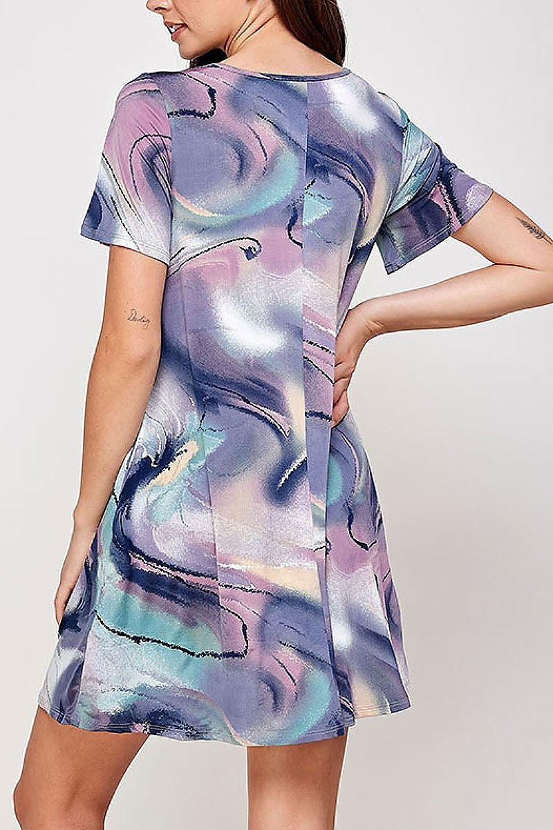 Tie dye print cutout front detail pocket dress (XDG7234)