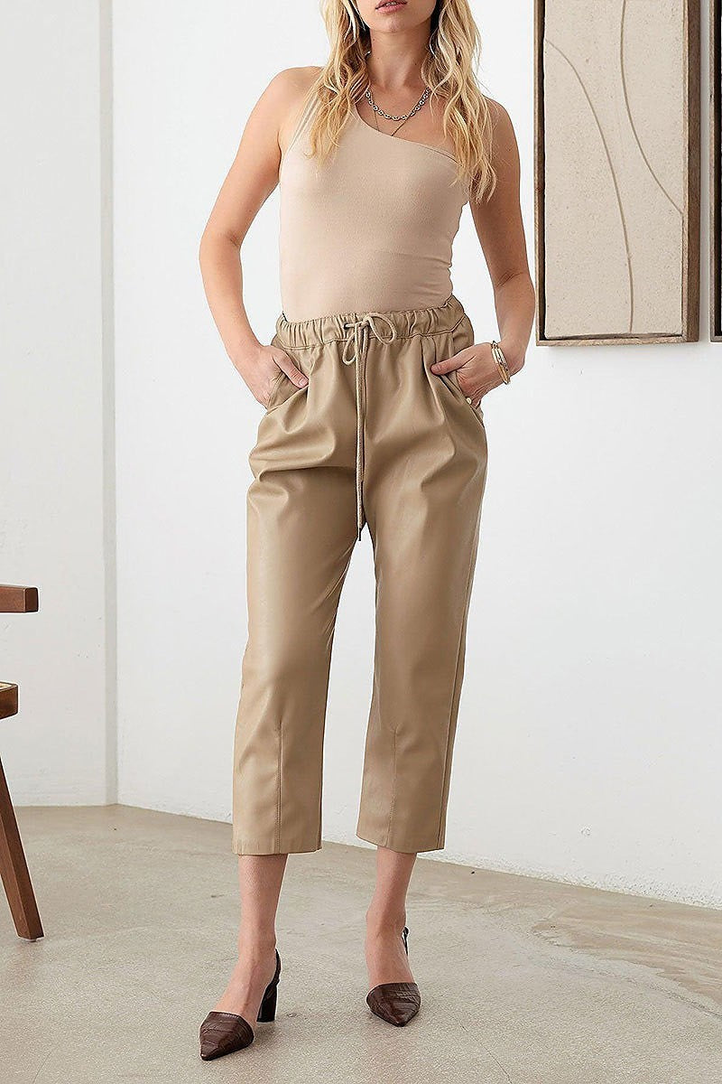 Faux leather drawstring ankle pants (TED2703)