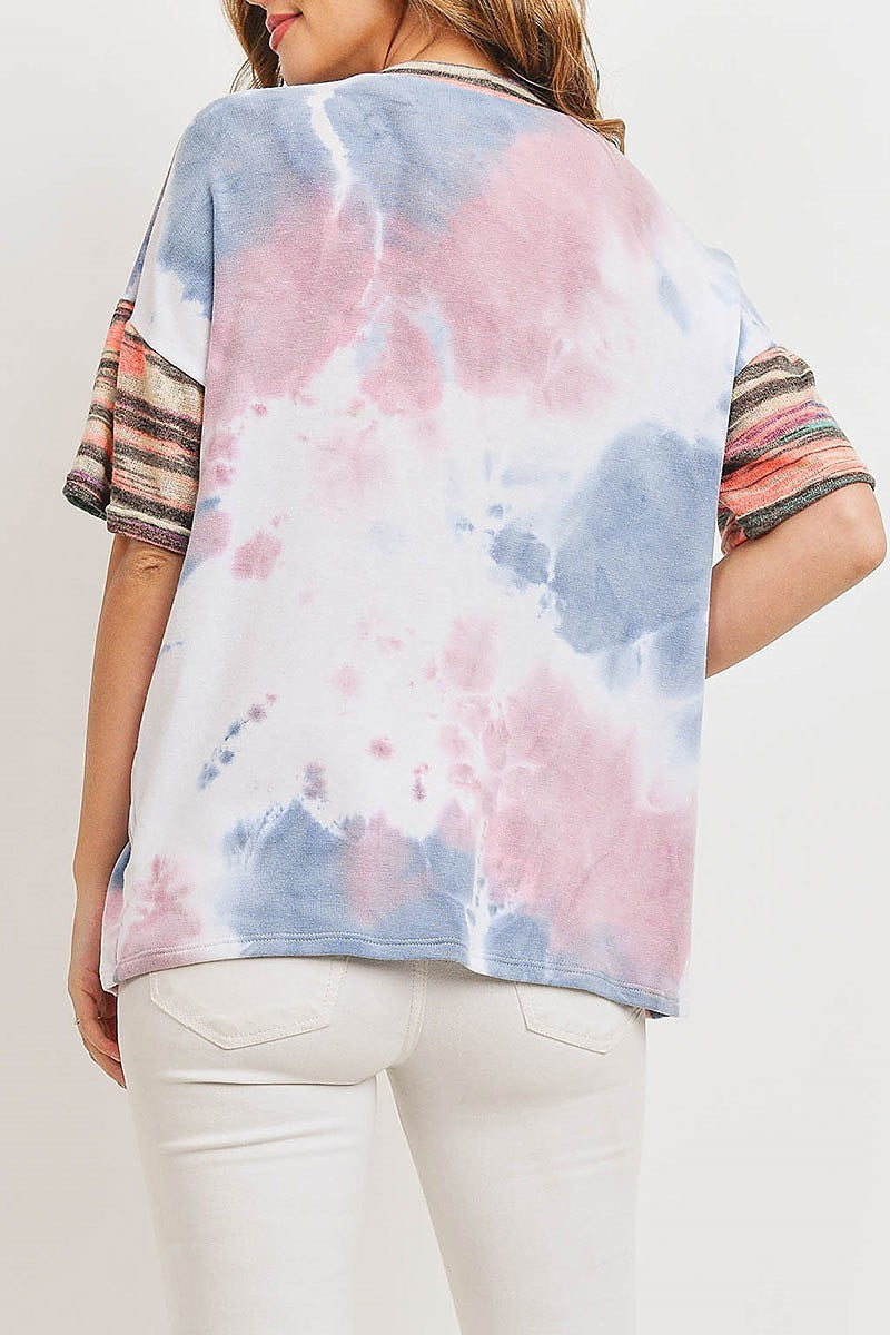 Stripe tie dye choker neck color block top (ED8931-LAST)