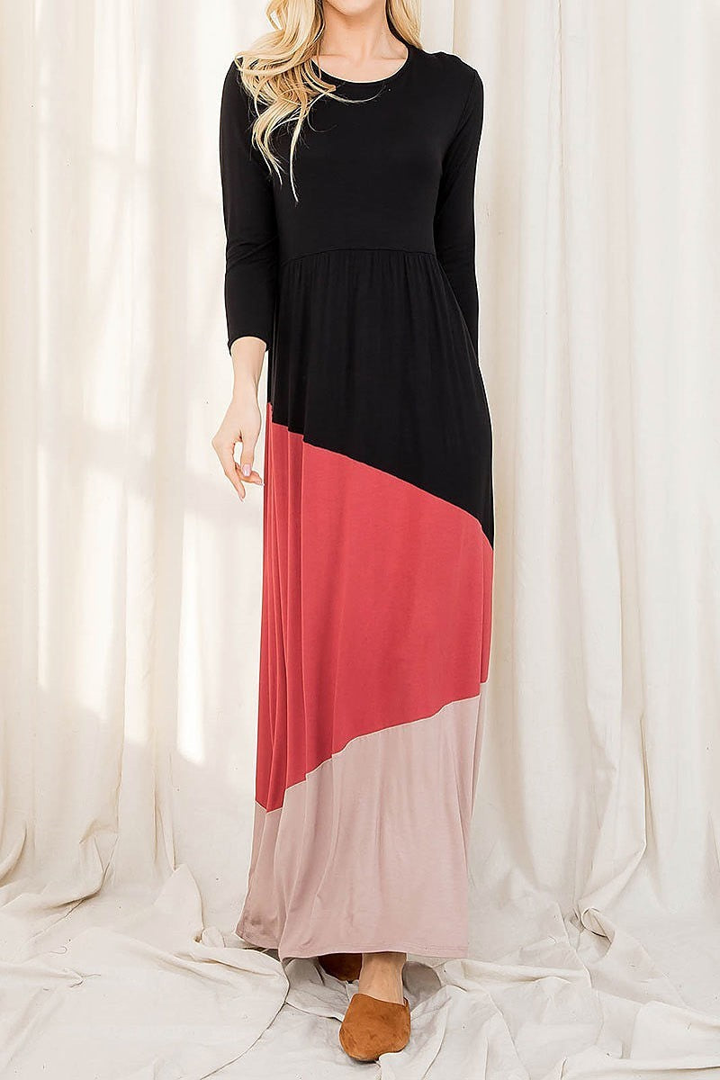 Long sleeve color block loose fit maxi dress (DED8855)