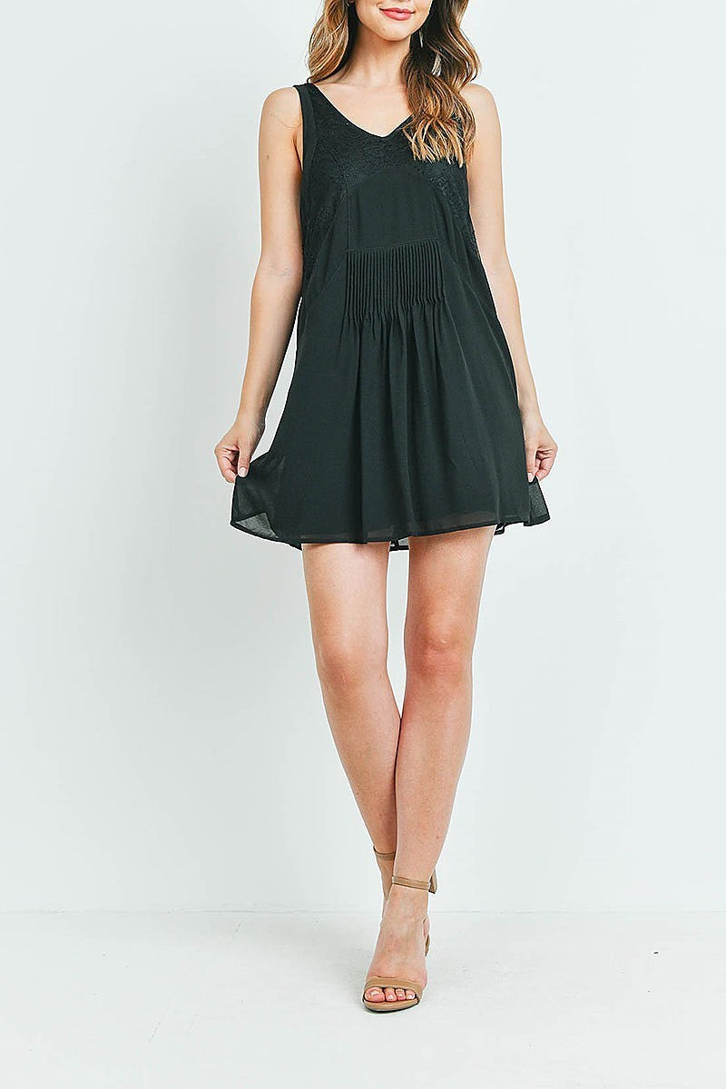 V neck lace trimmed pleated detail flare dress (DED6150)