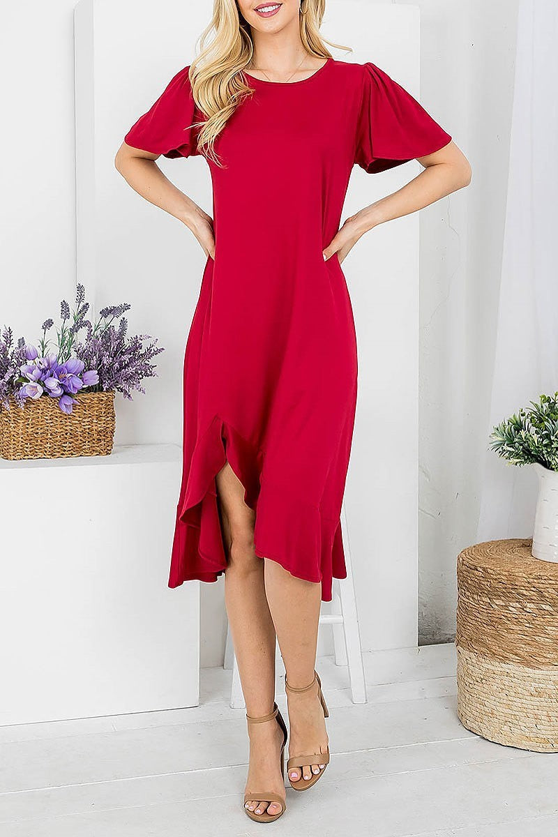 Flutter sleeve ruffle hem asymmetrical hem midi dress (DED7828)