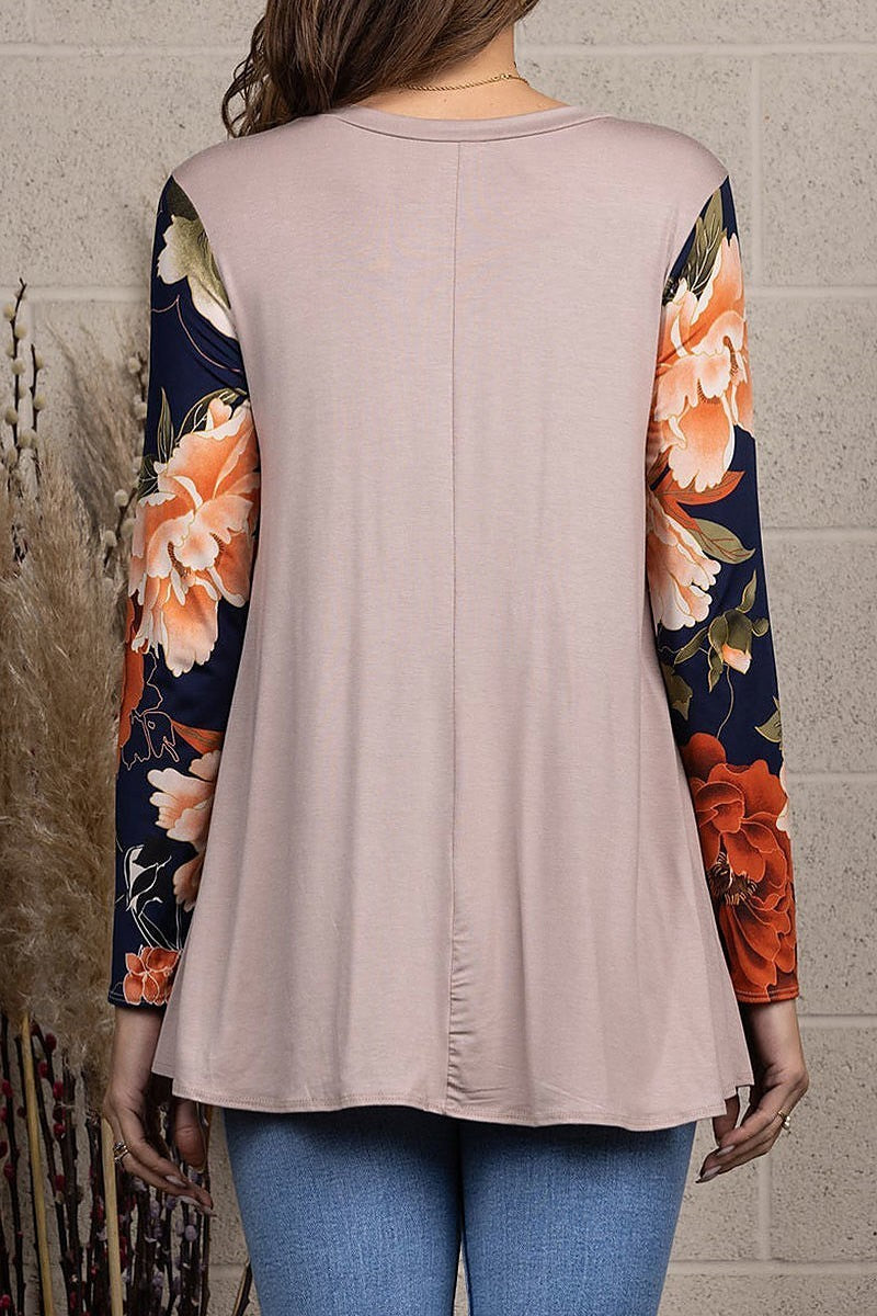 Floral print raglan long sleeves tunic knit top (EDSW2535)