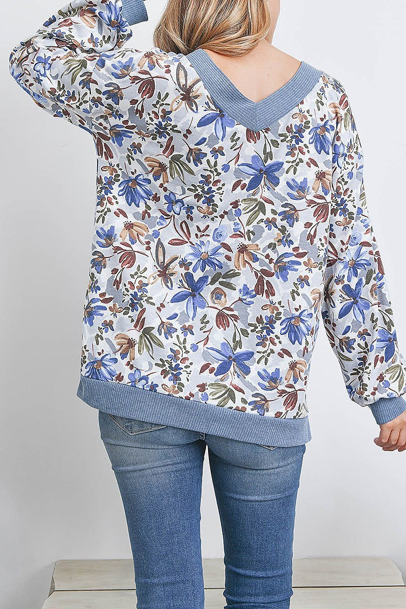 Front n back v neck bella rib band floral top (EF2268)