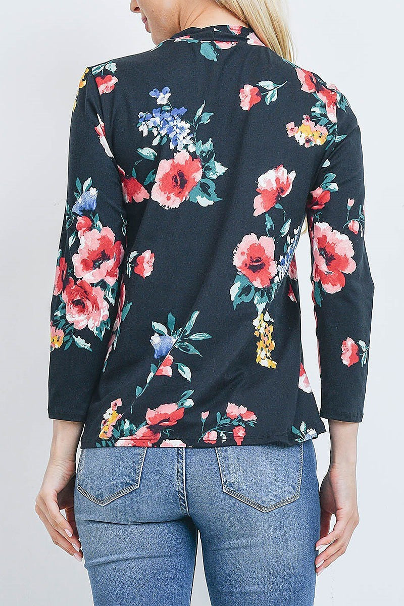 Tie neck detail floral print long sleeve top (EF2105)