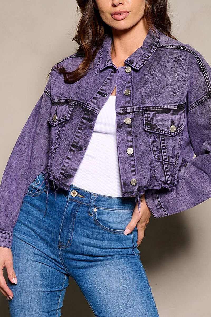 Button closure distress denim crop jacket (EGWT2713)