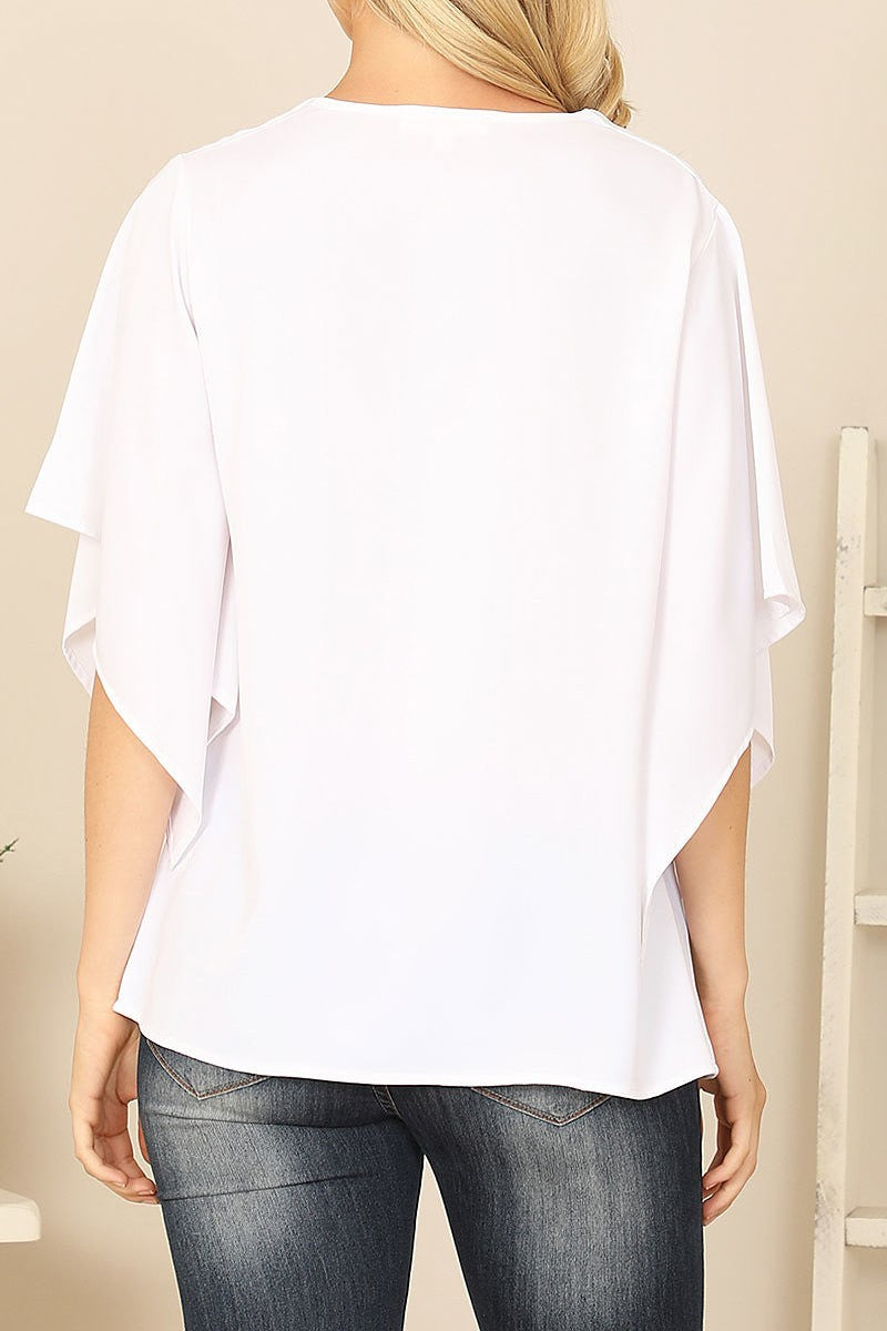 Plus size white v-neck butterfly sleeve solid top (XDG8269)