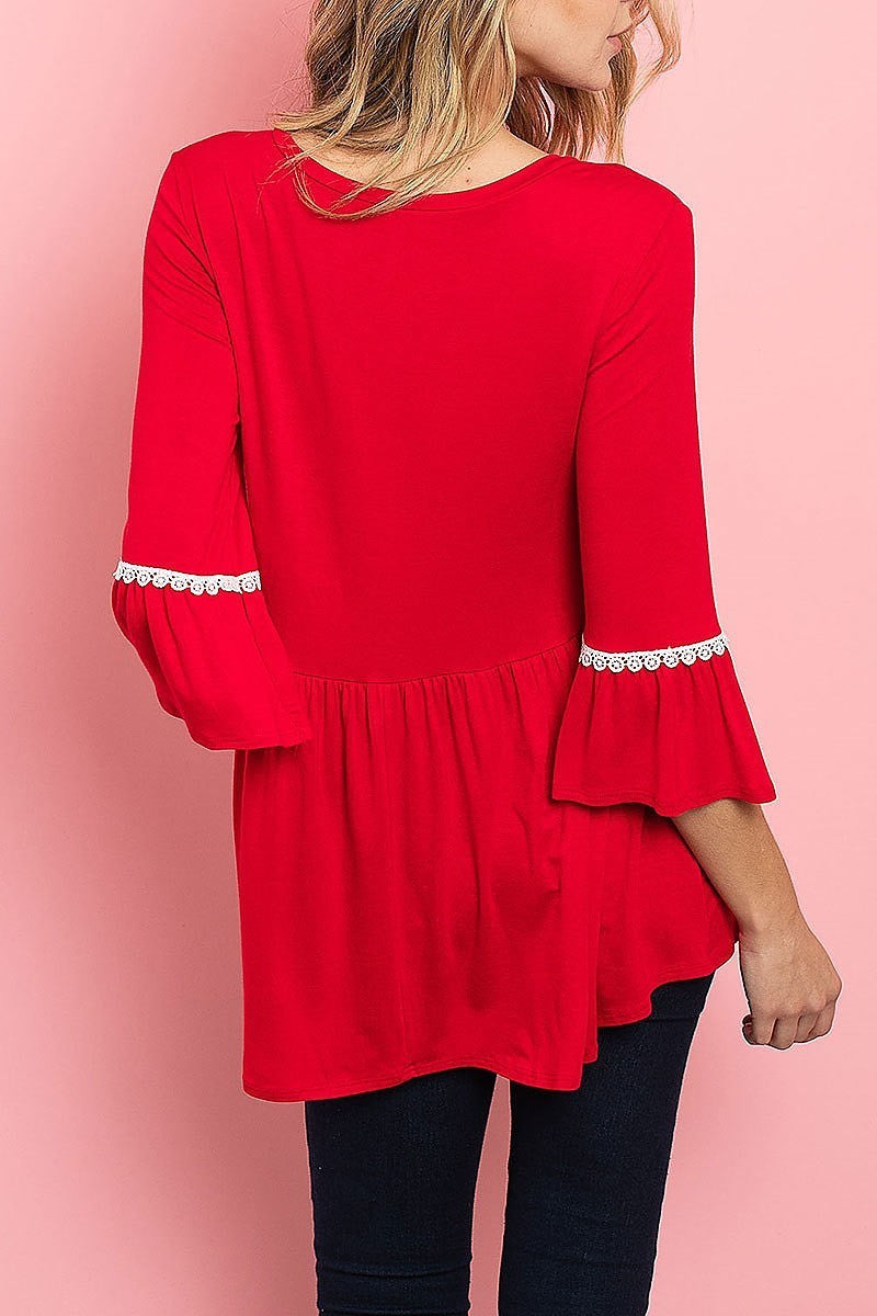 Lace trim bell sleeve round neck baby doll top (ED7908)