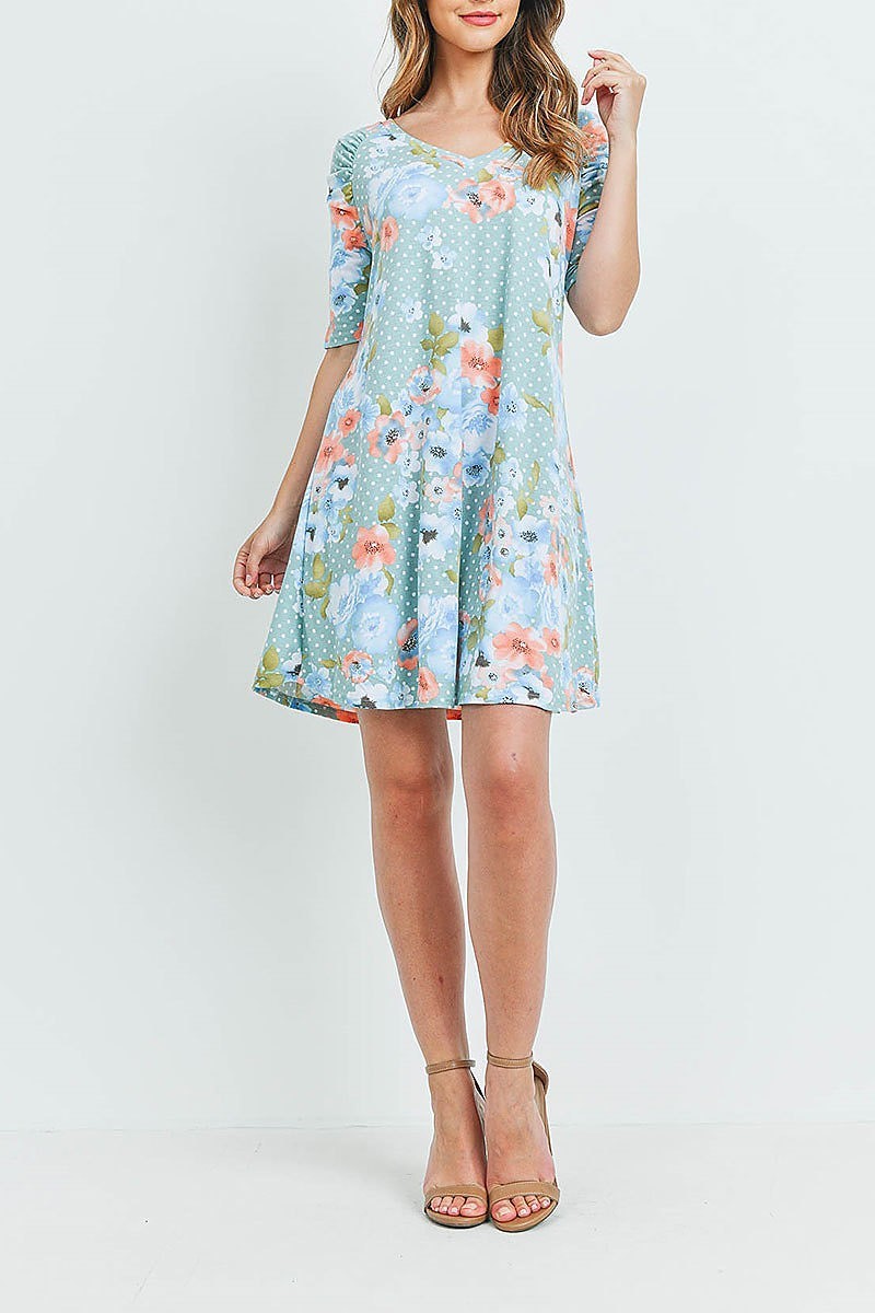 Ruched detail floral polka dot v neck dress (DED6275)