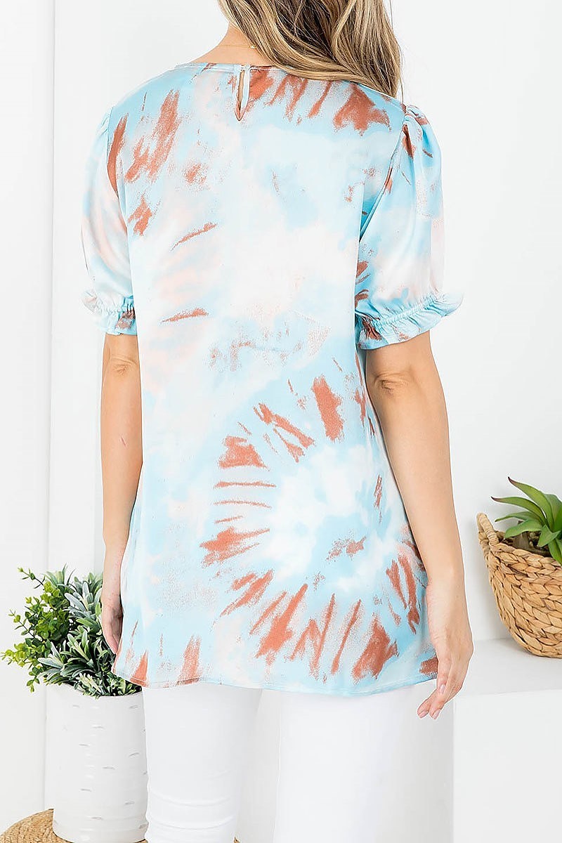 Tie dye round neckline puffed sleeve top (EF3786)