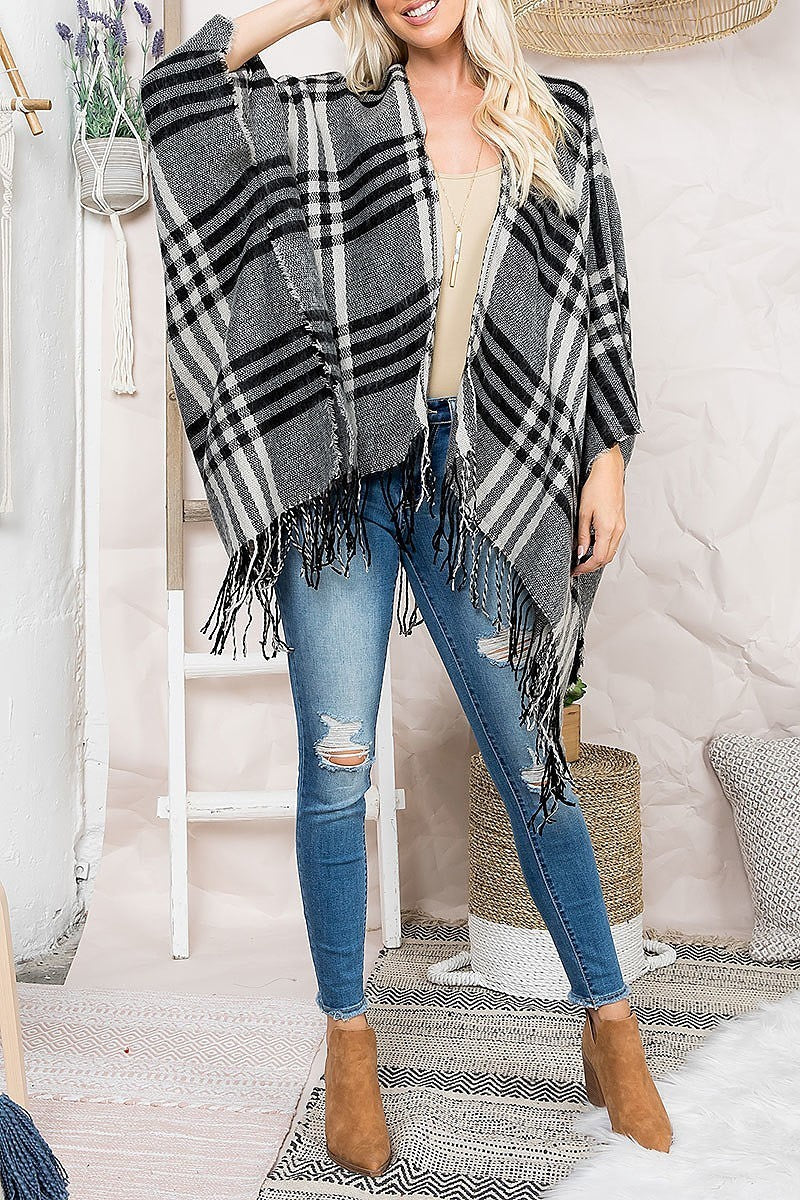 Plaid open front fringe ruana kimono (DGS5554)