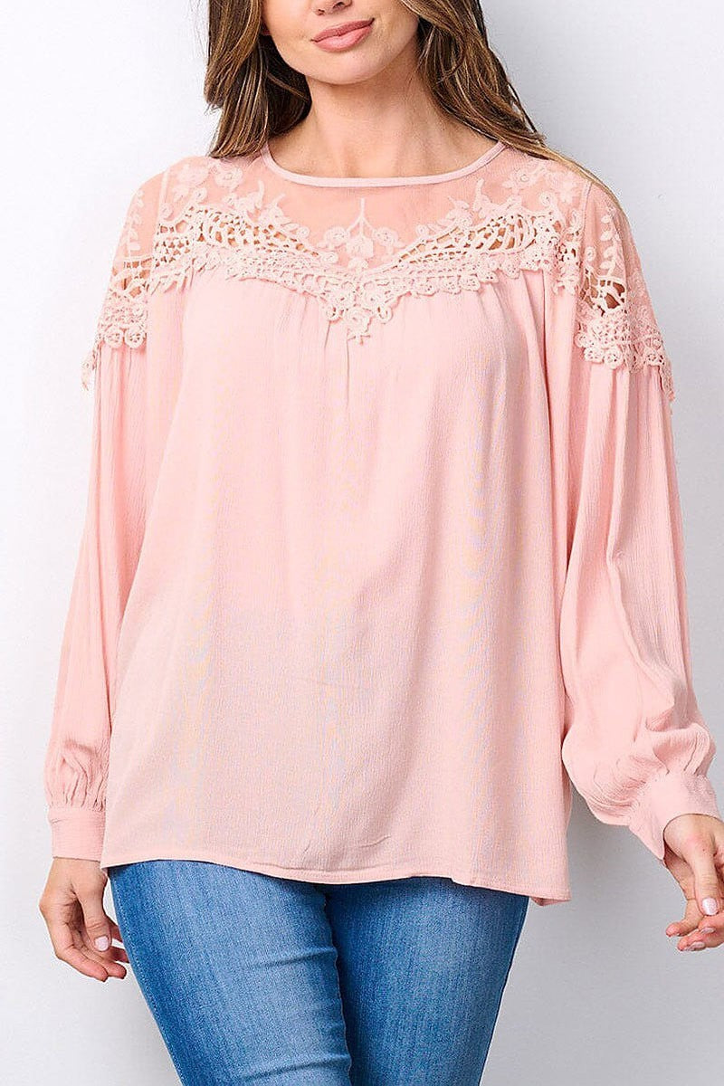 Long sleeve lace detailed tunic blouse top (EFWT7486)