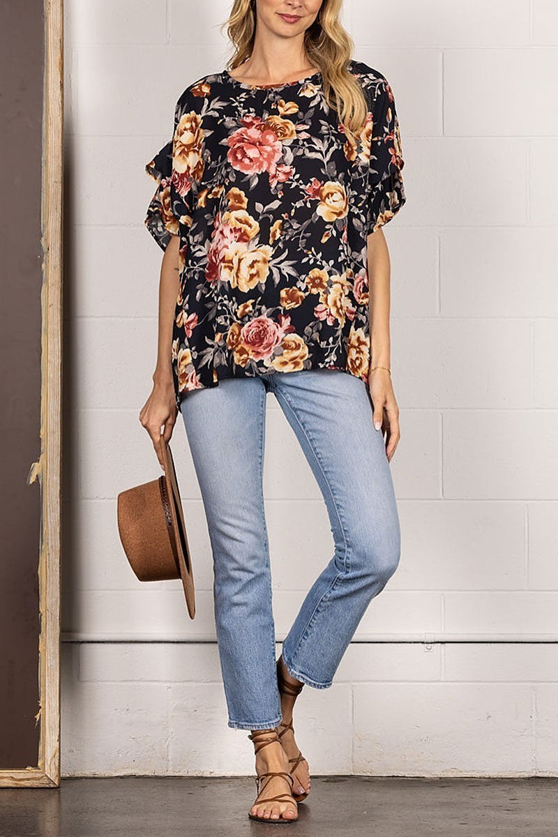 Chiffon floral print layered sleeves top (EDSW4227)