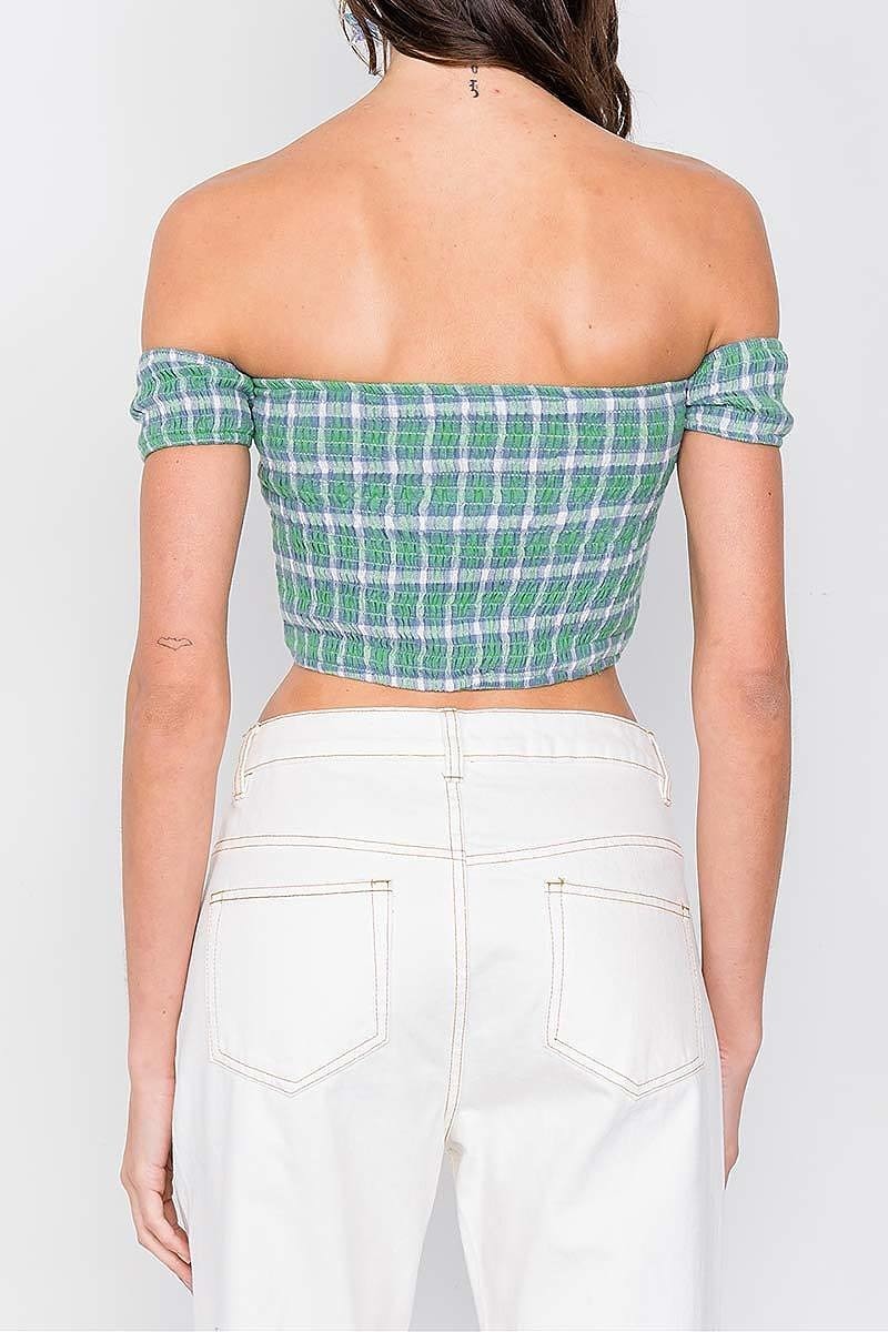 Checkered cotton chic off shoulder crop top (TDG5892)