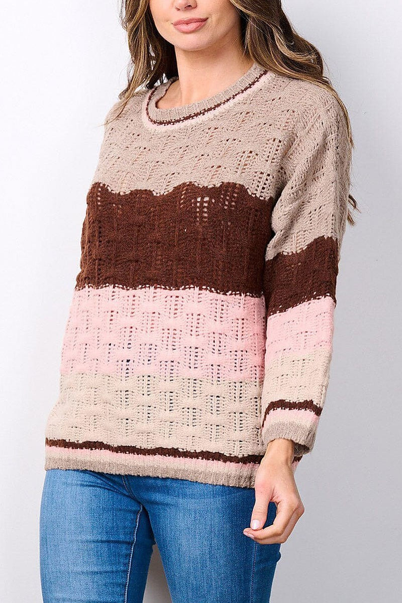 Long sleeve colorblock knit sweater (EFWT7495)