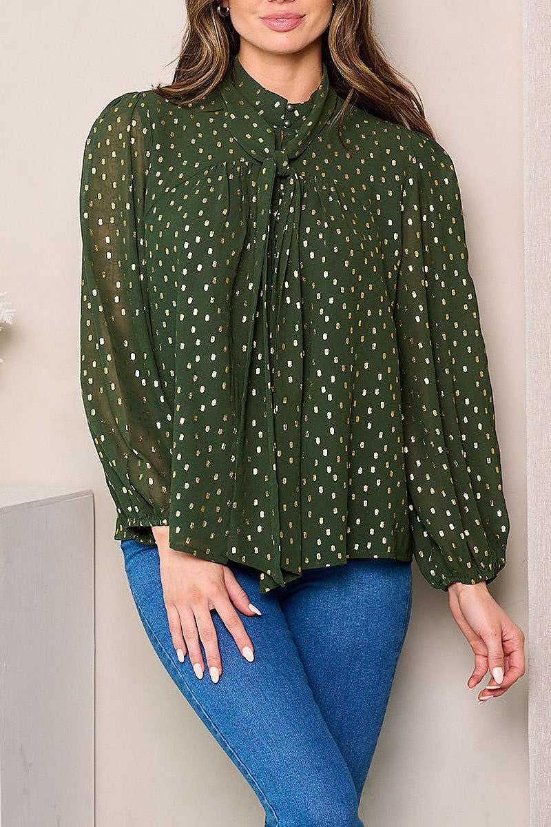 Long sleeve neck tie shimmer detailed blouse top (EFWT3793)