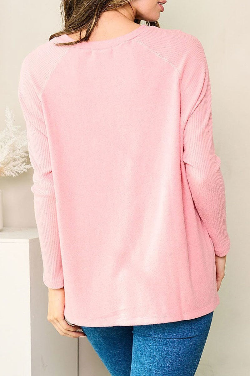 Long sleeve v-neck solid top (EFWT3666)