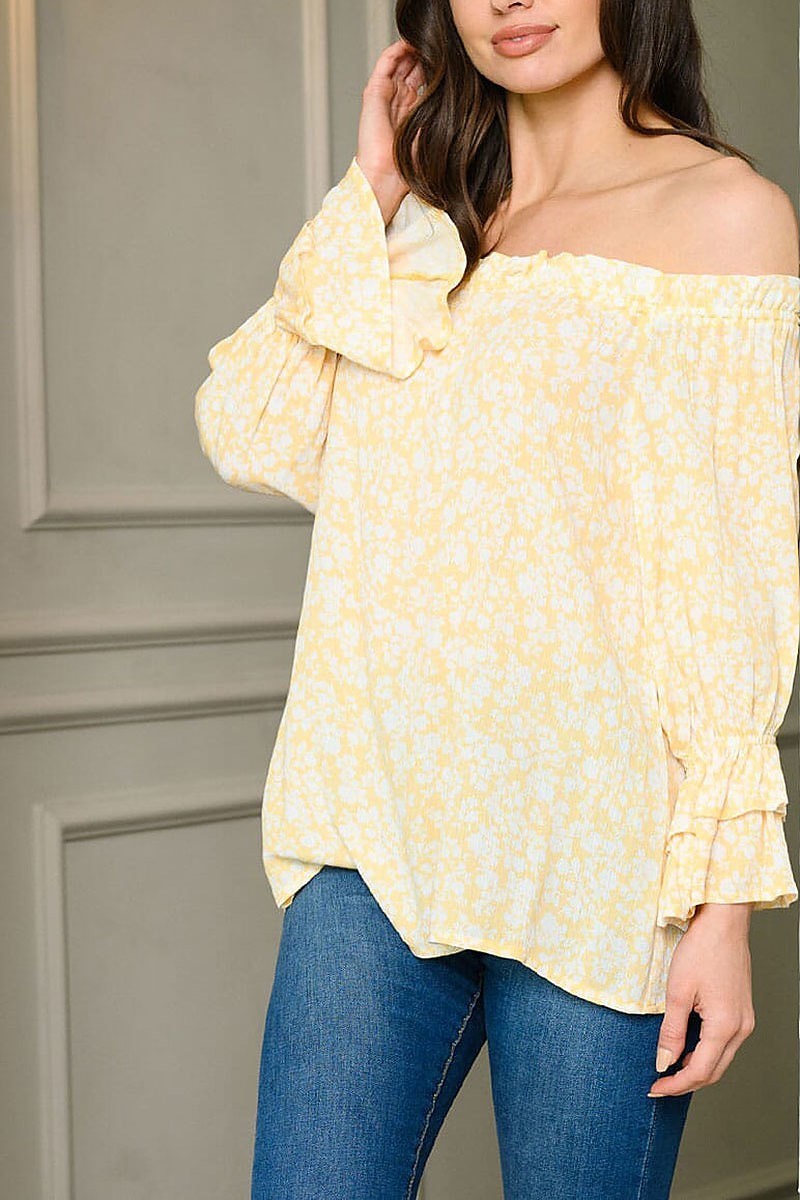 Long puff sleeve off shoulder floral tunic top (EDWT9072)