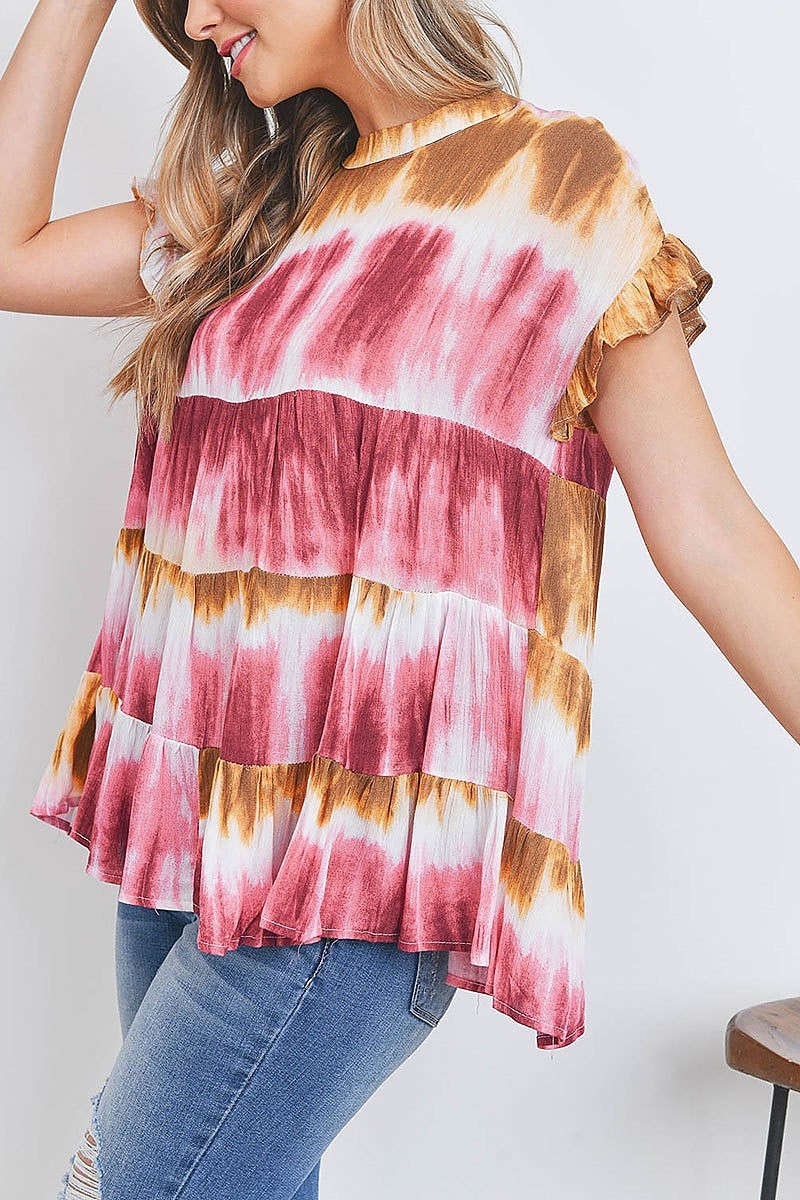 Crew neck ruffle sleeve tiered layered tie dye top (EF2635)