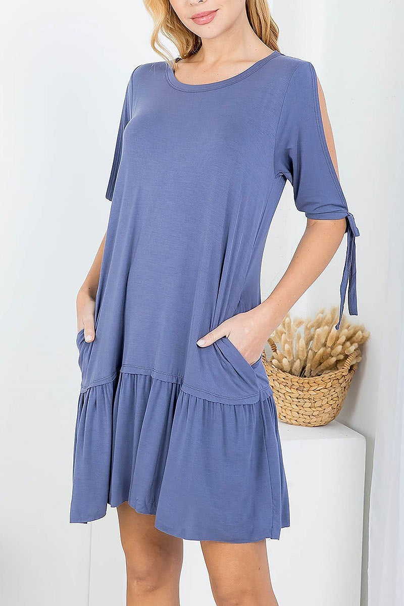 Open tie sleeve ruffle hem dress (DED7723)