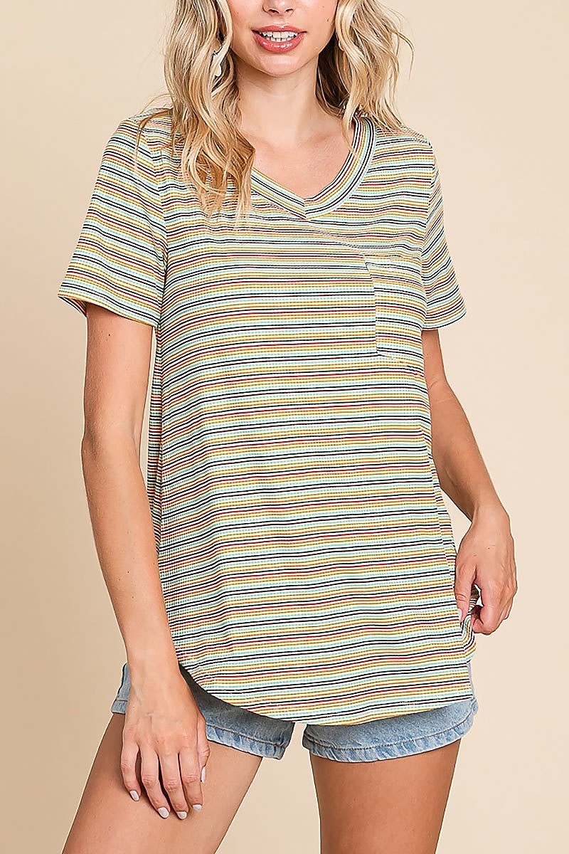 Multi color stripe waffle short sleeve knit top (EDH1512)