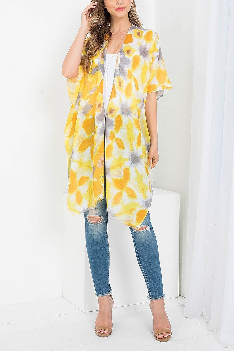 Paint spaltter floral print knee length kimono (EF3616)