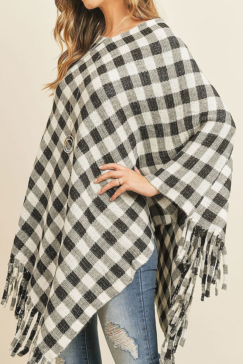 Fringe detail buffalo plaid poncho kimono (DGS4956)