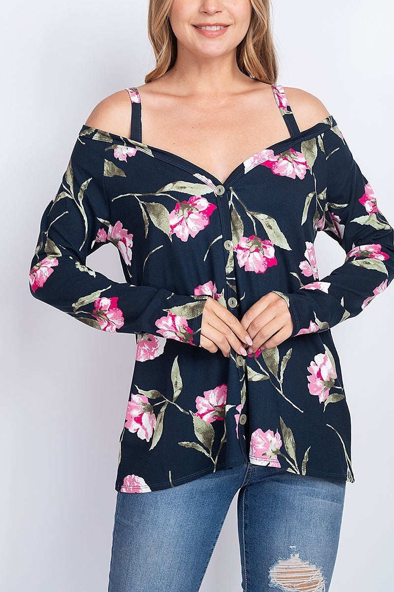 Off shoulder floral print button front top (EF1911)