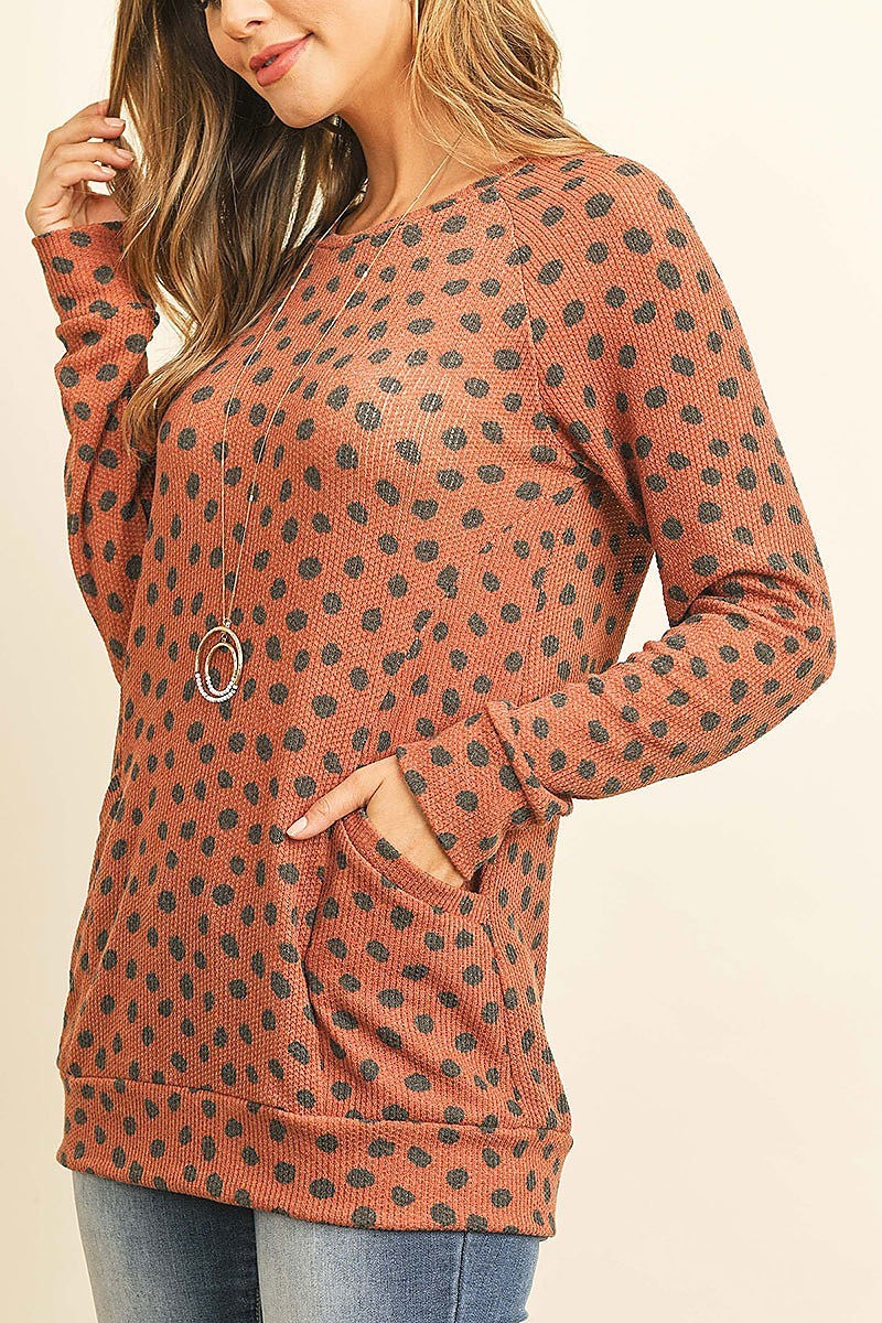 Animal print rib detail long sleeved pocket top (ED8543)