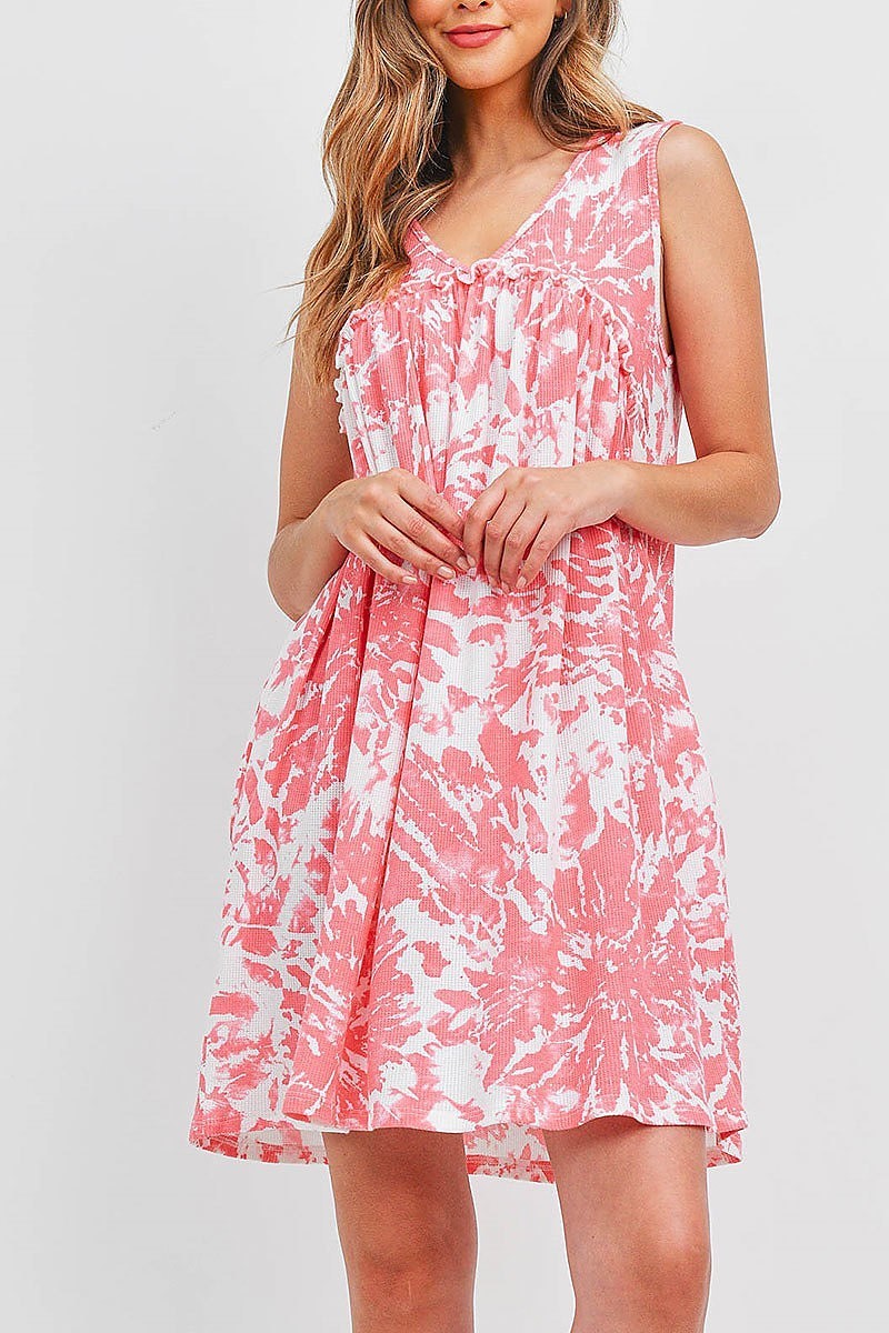 V neck ruffle detail rib tie dye pocket dress (DED6698)