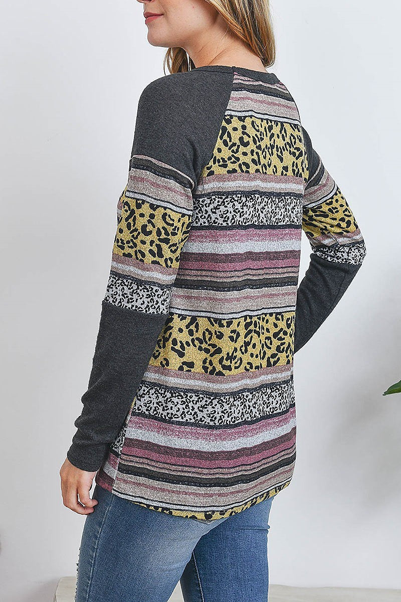 Multi color stripes leopard contrast top (EF2696)