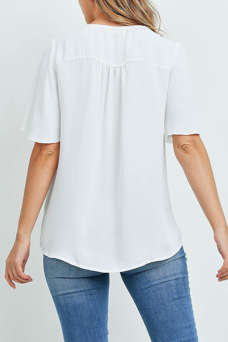 Waterfall sleeve v neck round hem top (ED9956)