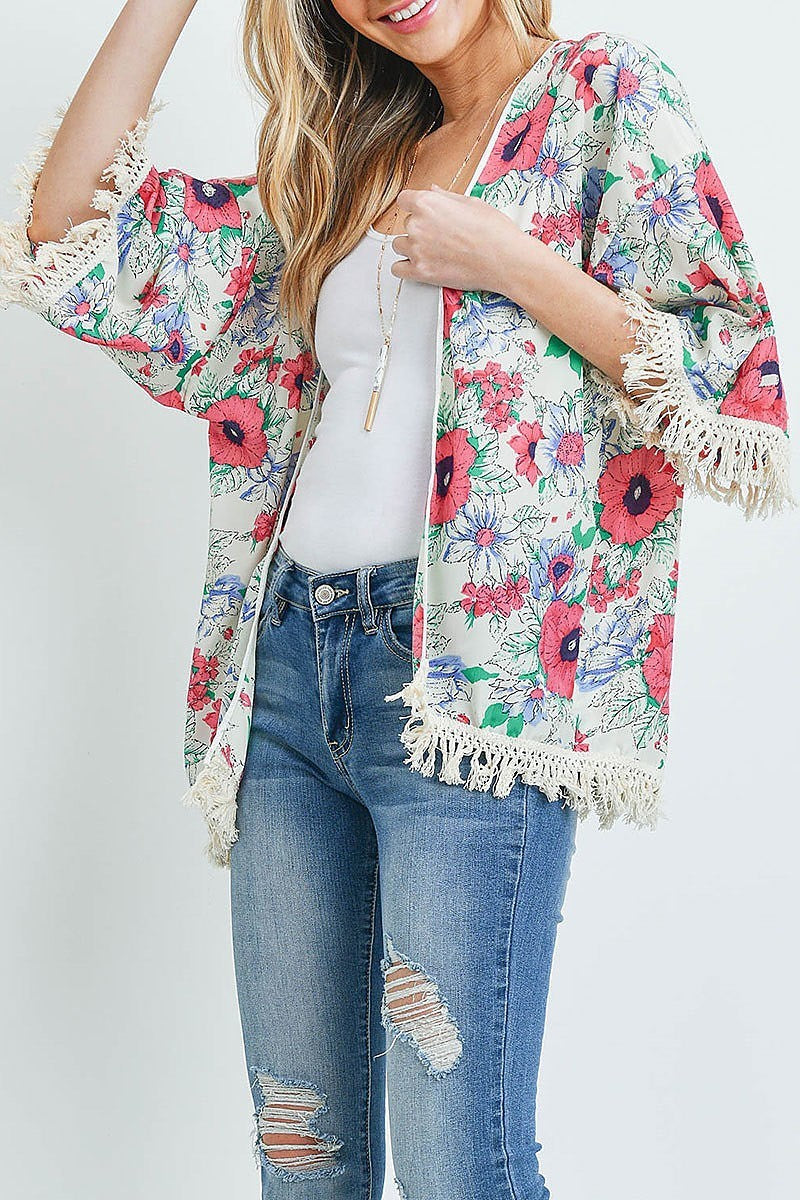 Open front hip length floral kimono (ED8855)