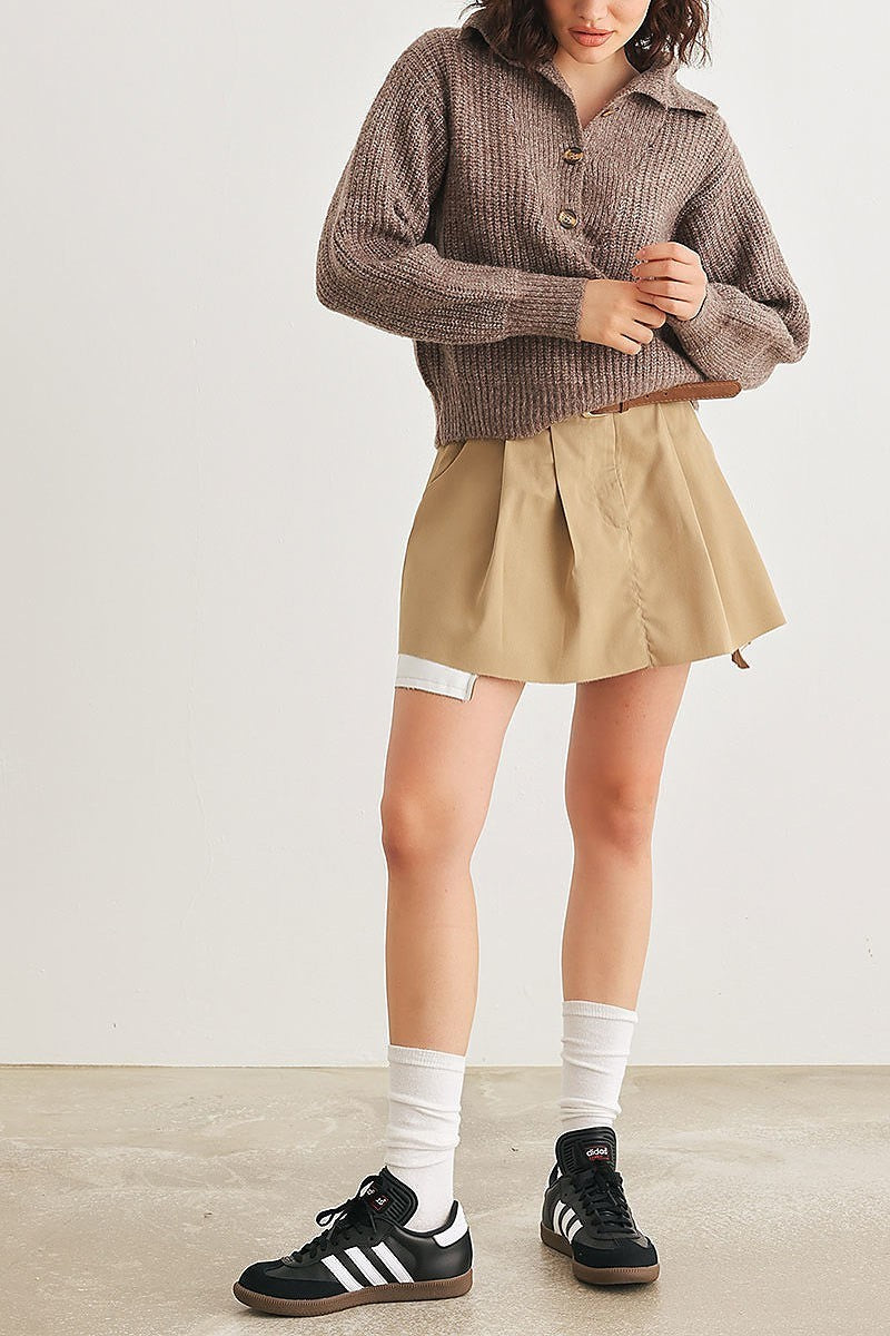 Wool knit button up neck crop sweater (TED2026)