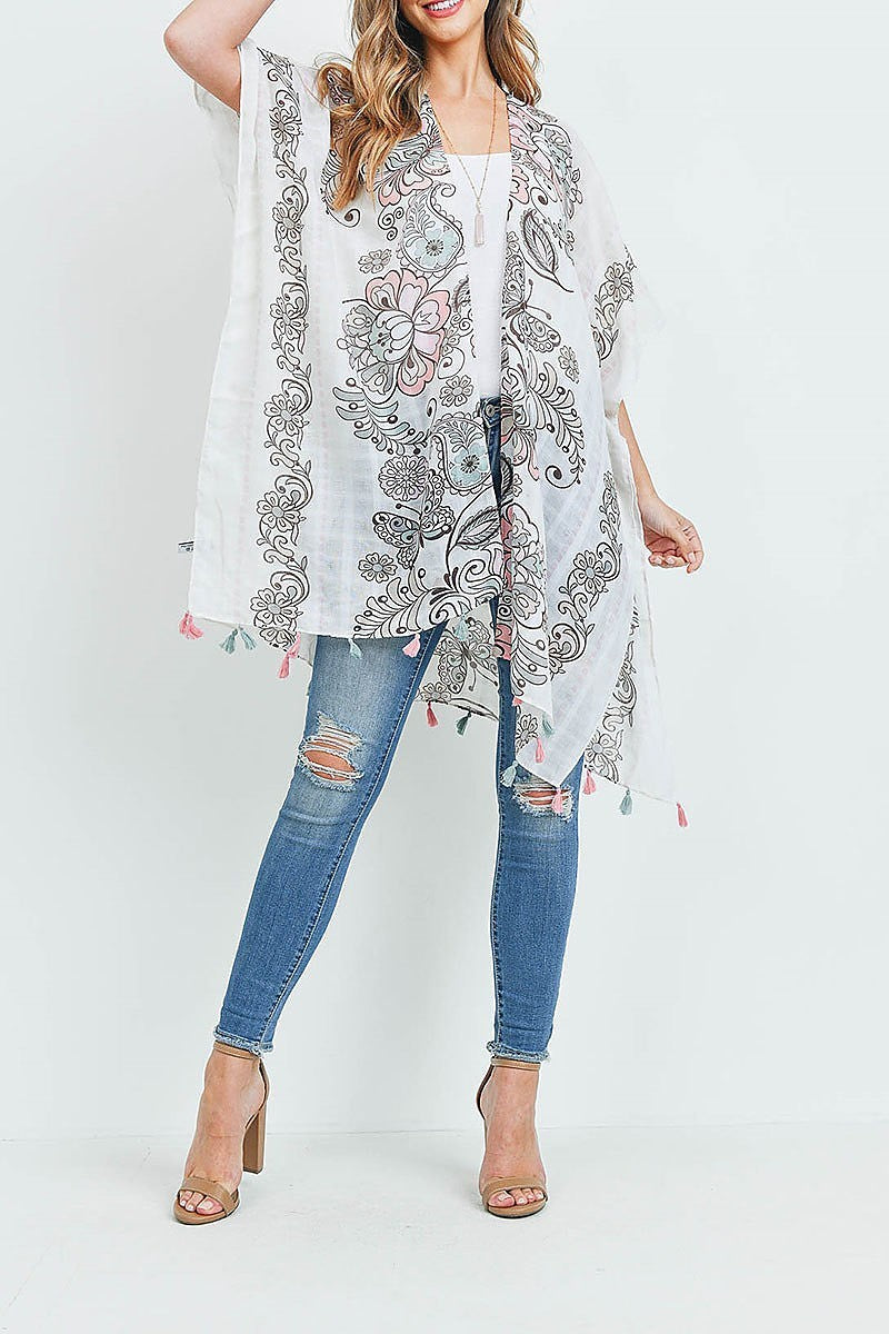 Floral print open front tassel kimono (EF1106)