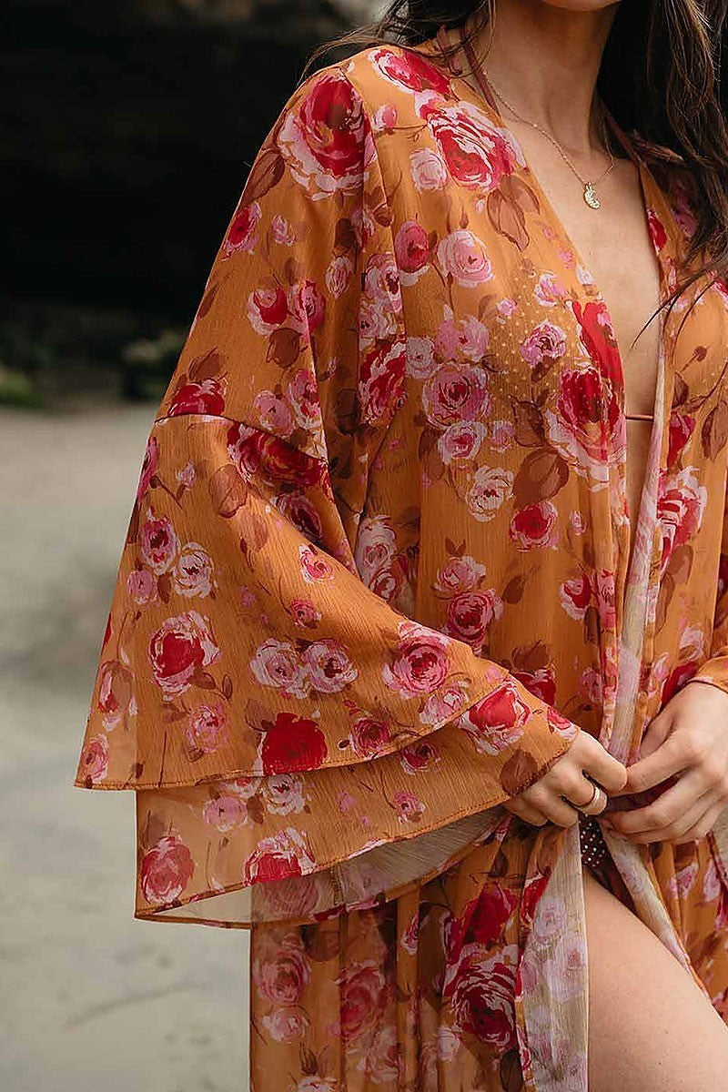 Ruffle sleeve open front floral kimono (EGWT1047)