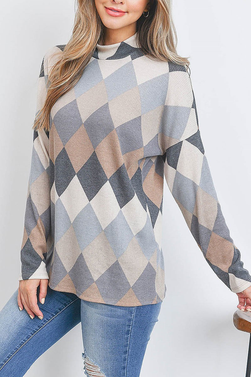 Mock neck long sleeve checkerboard top (EF2697)