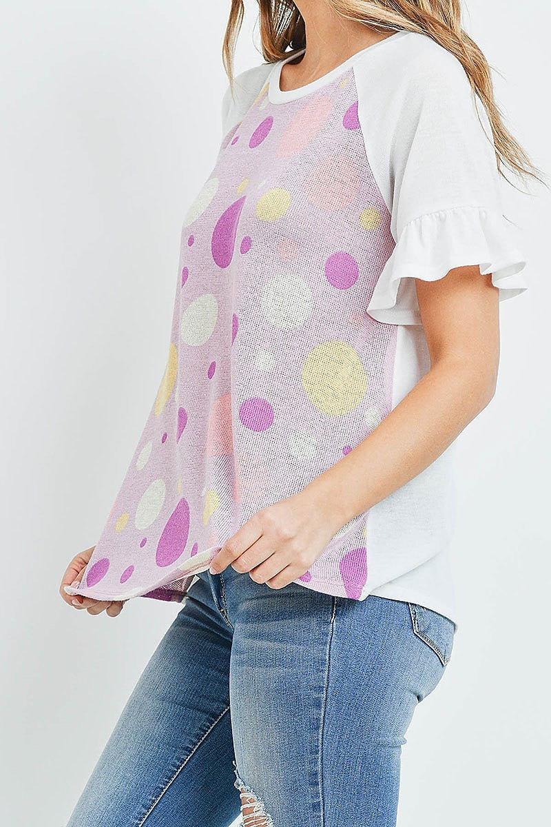 Ruffle raglan sleeves multi color polka dot top (ED9645)