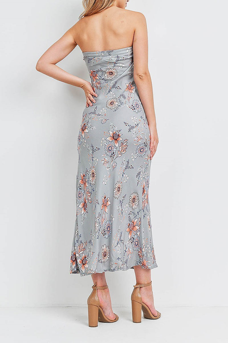 Bow detail floral print strapless maxi dress (DED6549)