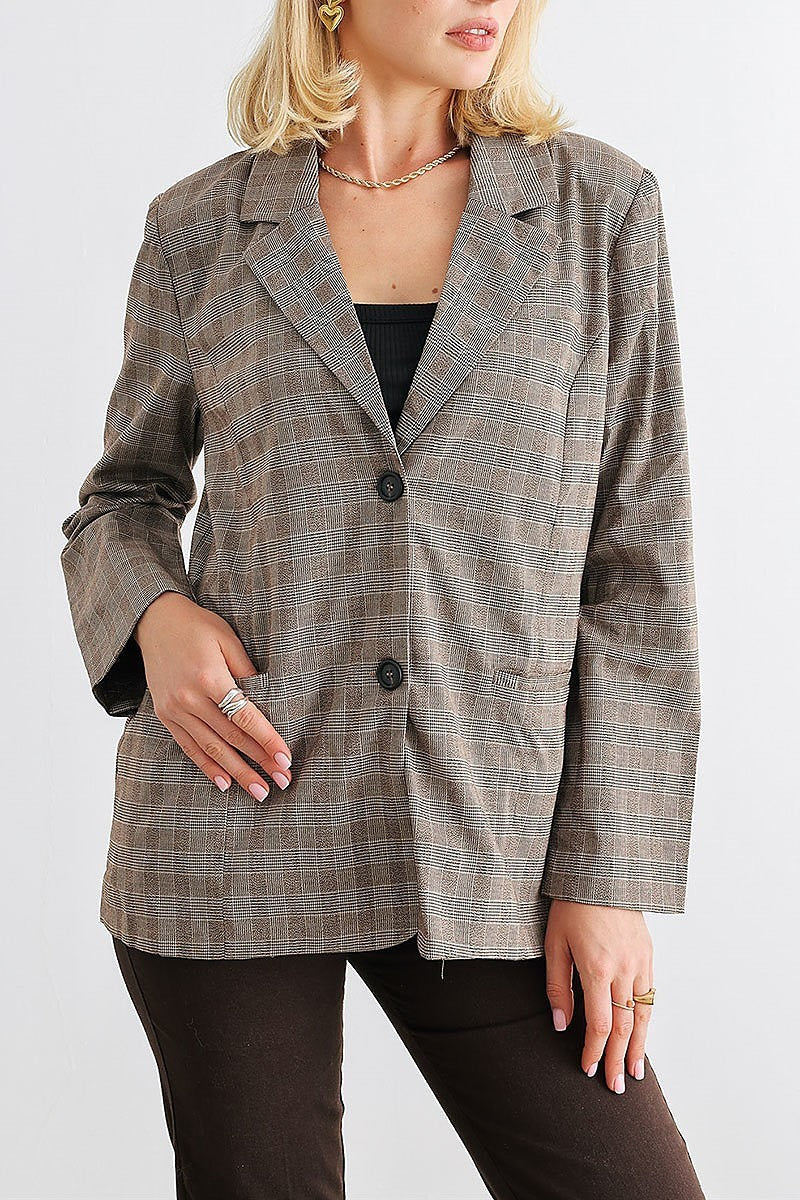 Plaid long sleeve button up pocket blazer (TED2032)