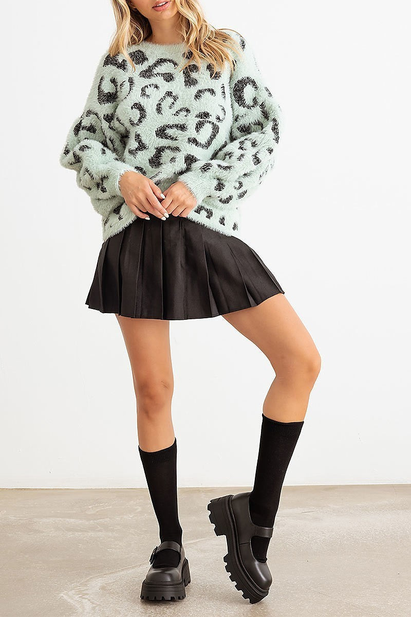 Animal print fuzzy knit long sleeve sweaeter (TED2251)