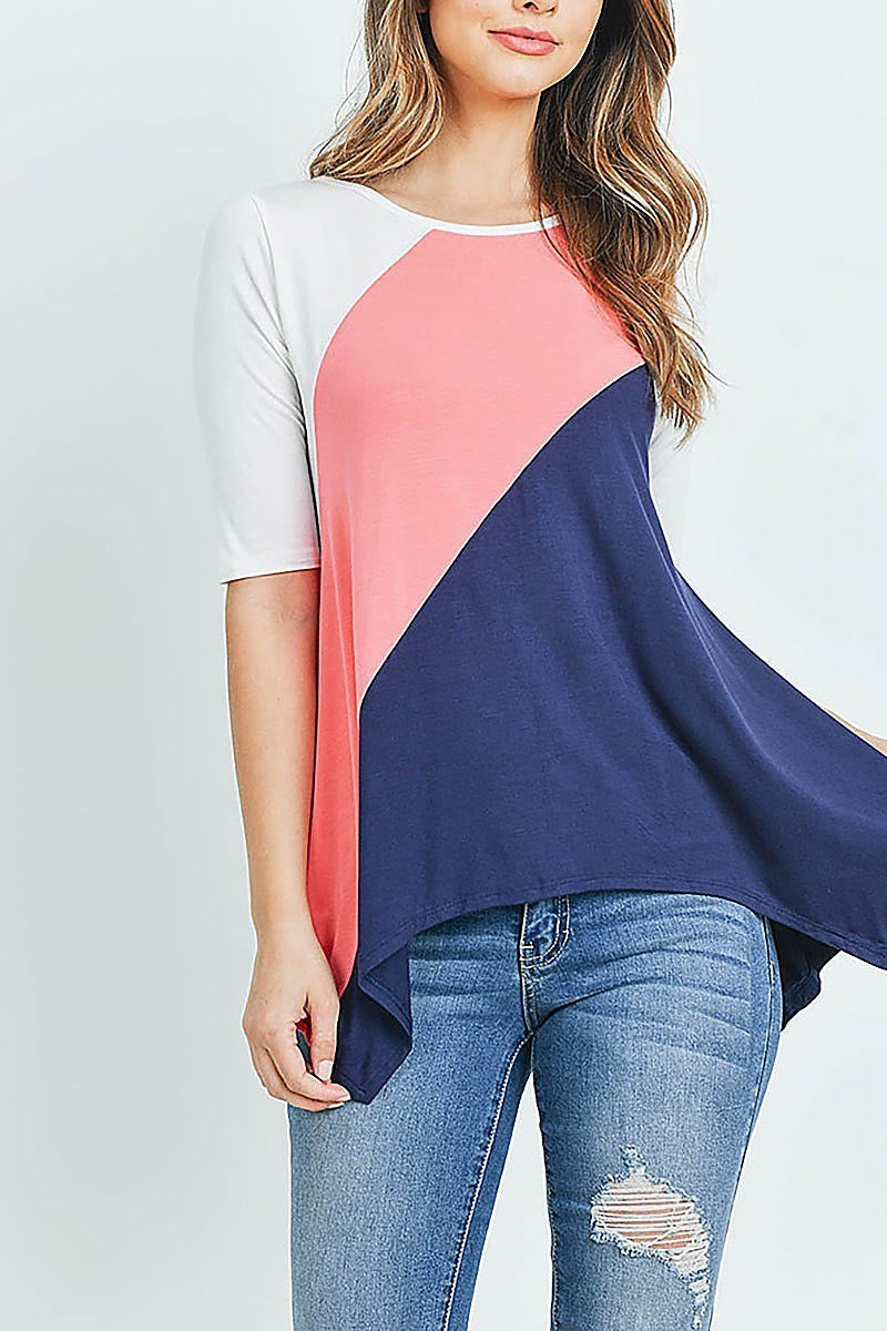 Shark bite hem color block top (ED8551-1)